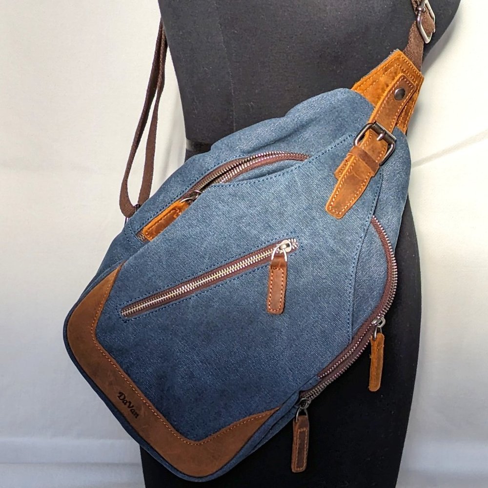 DaVan Sling Shoulder Bag Leather Trim W/ Water Repellent Canvas